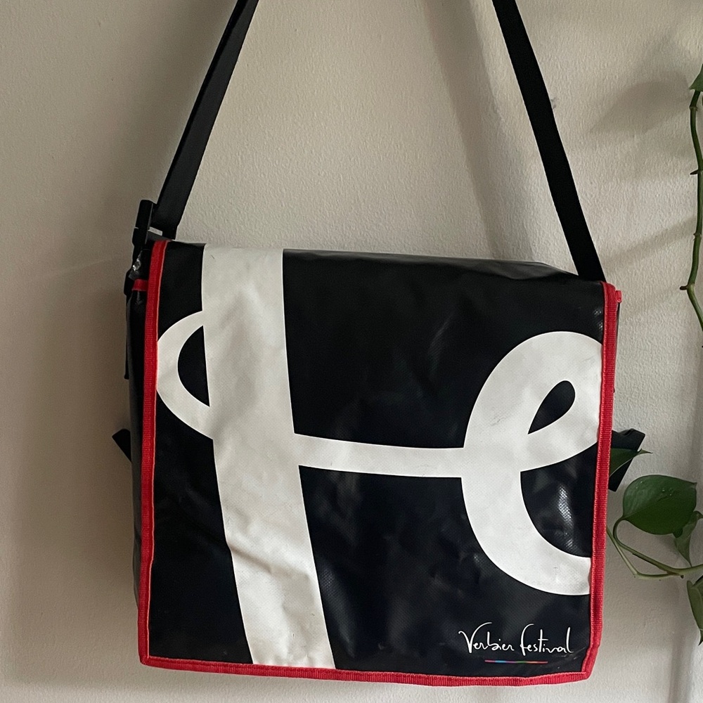 Black and White Messenger Bag with Red Trim